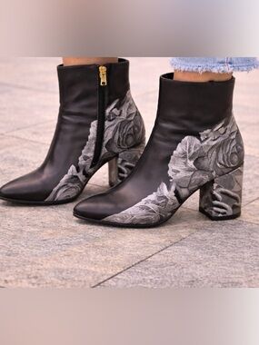 Valentino Garavani Black Leather Ankle Boots with Gray Floral Embroidery
